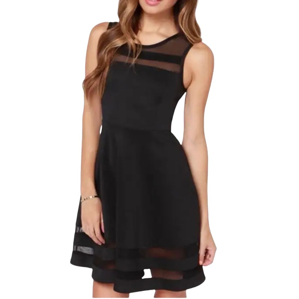 LULU’S Sheer Determination Black Mesh Skater Dress